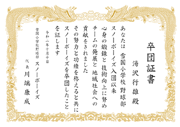 楷書体／表彰状／卒団証書